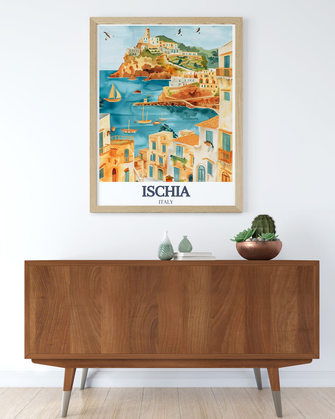 Celebrate the beauty of Ischia with this detailed poster print of Ischia Ponte and SantAngelo. Perfect as a unique gift for birthdays, Christmas, or other special occasions, this artwork brings the colorful spirit of Italys coastal towns to your walls.