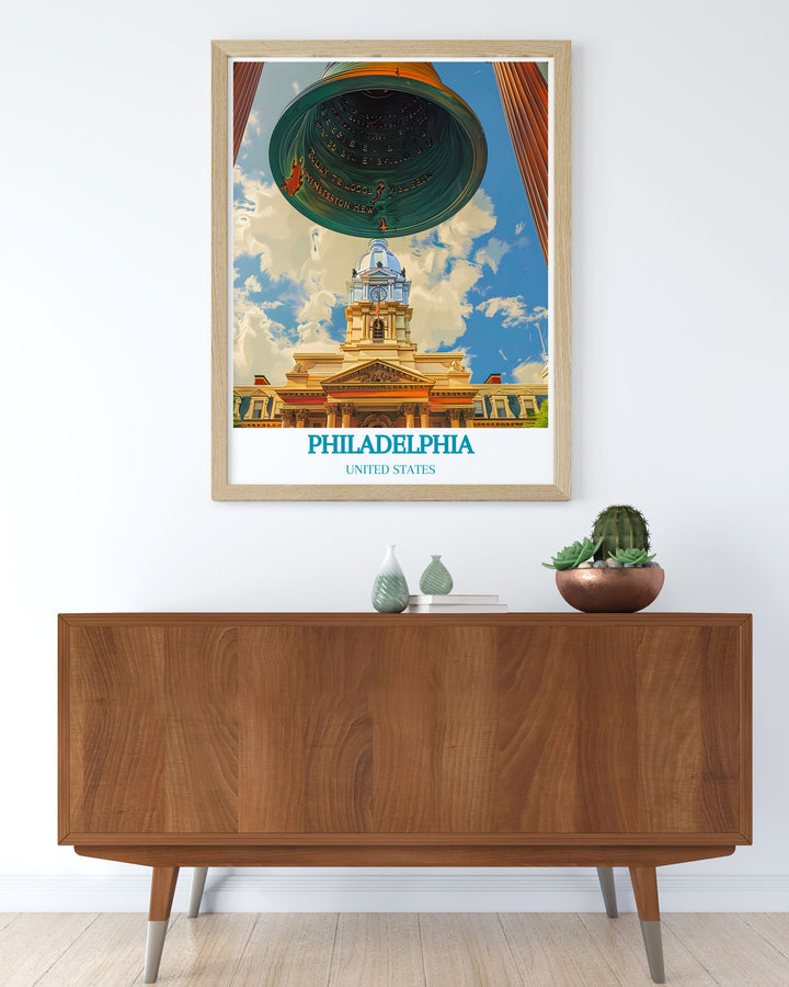 Embrace the rich history of Philadelphia with this travel poster of the Liberty Bell, depicting the iconic symbol and the stories it has witnessed over the centuries.