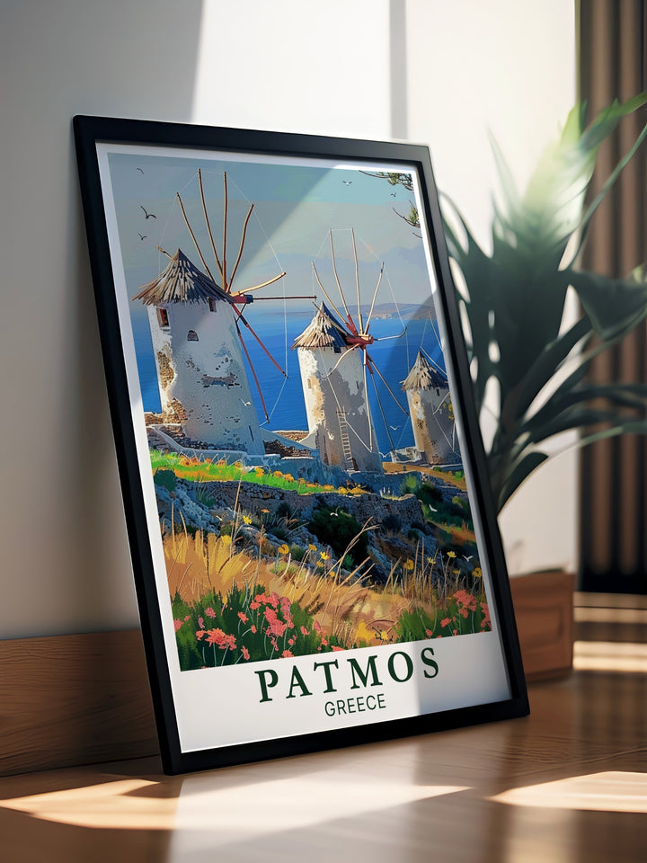 Stunning Patmos travel gift and Windmills of Patmos elegant home decor a perfect choice for anyone who loves Greek islands this artwork brings the beauty of Patmos and Windmills of Patmos into your space making it an ideal gift for any occasion