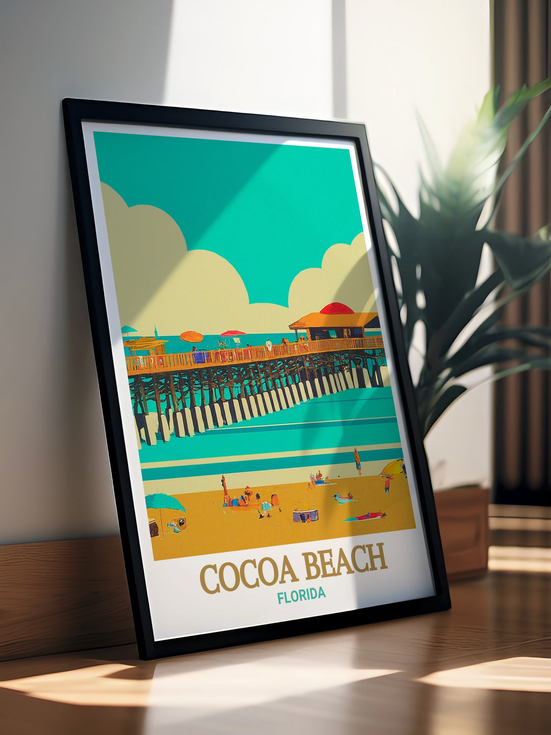 Stunning travel poster featuring Cocoa Beach, Florida, with a focus on the historic pier stretching into the ocean. Ideal for beach lovers and those who cherish the laid back, sun filled lifestyle of Floridas coast, this print brings a piece of paradise into your living space.