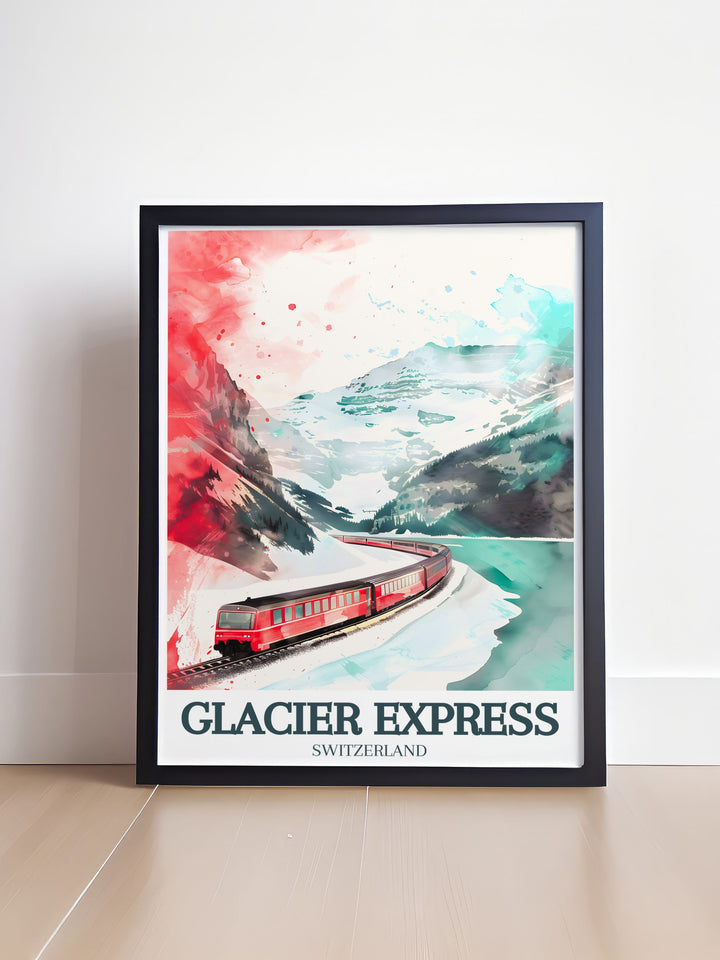 Our framed prints of the Glacier Express train Oberalp Pass offer a sophisticated way to bring the beauty of the Swiss Alps into your living space making it an excellent choice for modern decor