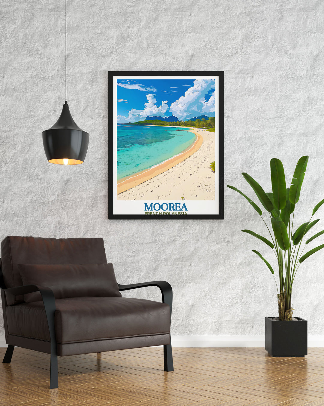 Add a touch of tropical elegance to your home with this Moorea Travel Poster. The image showcases the stunning Temae Beach and the surrounding mountains of Moorea, offering a perfect piece for those who appreciate French Polynesias natural beauty.