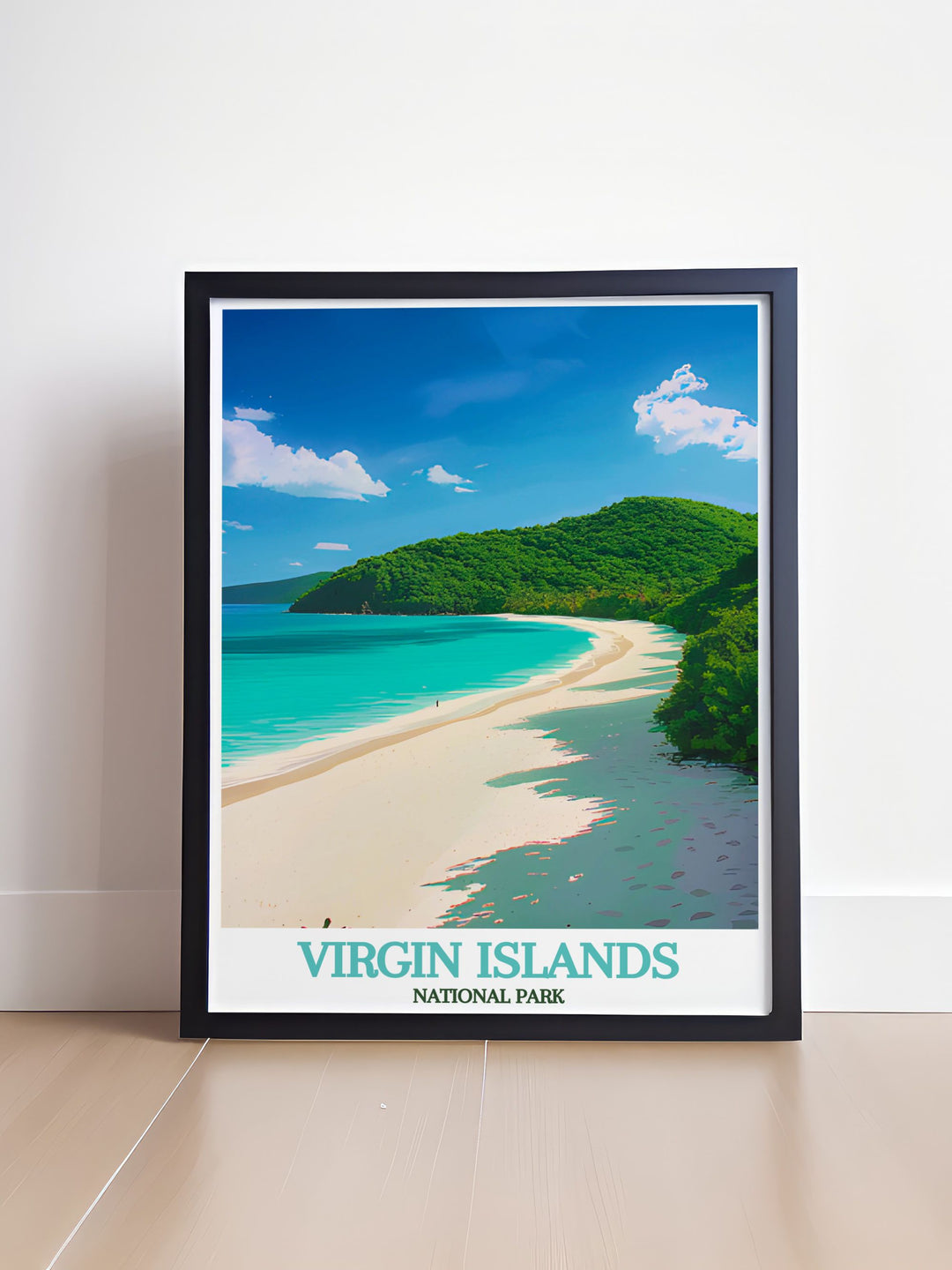 Vintage travel print of Cinnamon Bay capturing the serene beauty of this iconic location in the US Virgin Islands