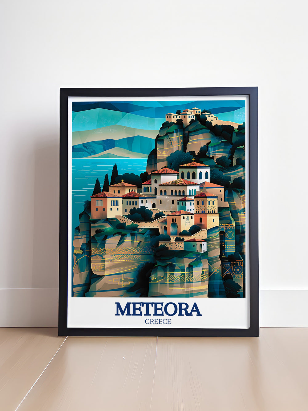 The beauty of Meteora and Varlaam Monastery is brought to life in this canvas art. The detailed design reflects the grandeur of the monastery, perched on its rock column, and the serene landscapes of Kalampaka below.