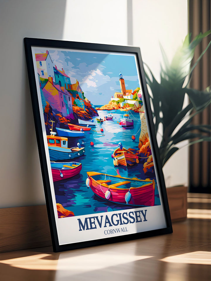 The timeless appeal of Mevagissey, with its bustling harbor and old world charm, is captured in this travel poster. Featuring scenic views of the village, this artwork is perfect for those who love coastal elegance and cultural vibrancy.