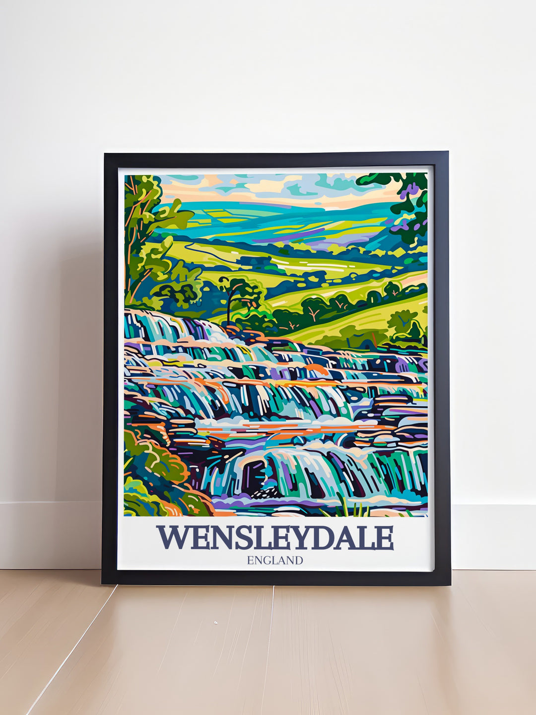 This Yorkshire Dales vintage print captures the tranquility of Wensleydale and Aysgarth Falls in North Yorkshire. The retro travel poster design adds a touch of nostalgia and adventure to any space, making it a perfect gift for outdoor enthusiasts or home décor lovers.