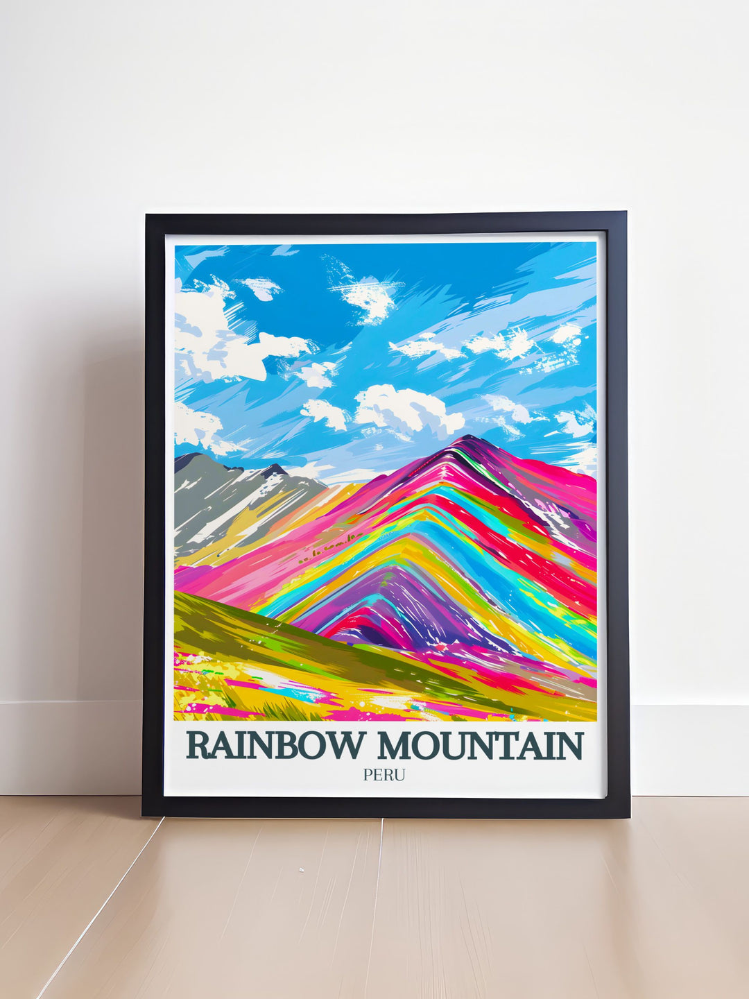 Rainbow Mountain wall art capturing the stunning landscapes of the Cusco region Andes Mountains making it an ideal Peru travel gift and elegant home decor for any occasion.