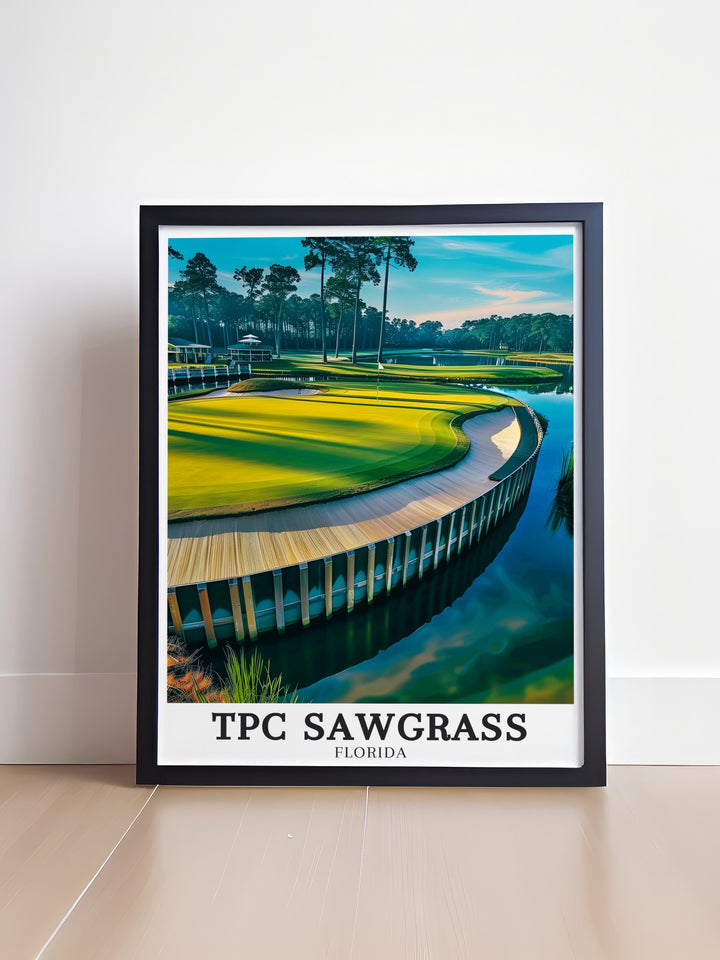 TPC Sawgrass, with its world renowned THE PLAYERS Stadium Course, is brought to life in this detailed artwork. The print highlights the courses most famous features, offering a glimpse into the challenges faced by the games greatest players. Perfect for golf enthusiasts, this piece is a tribute to the sports legacy.