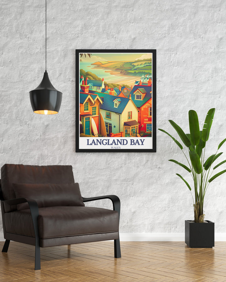 Gower Coast Path Art Print showcases the stunning walking trails along the Welsh coastline, offering breathtaking views of Langland Bay and Langland Village. Perfect for nature lovers and adventure seekers, this vintage travel print adds a touch of coastal beauty to any room.