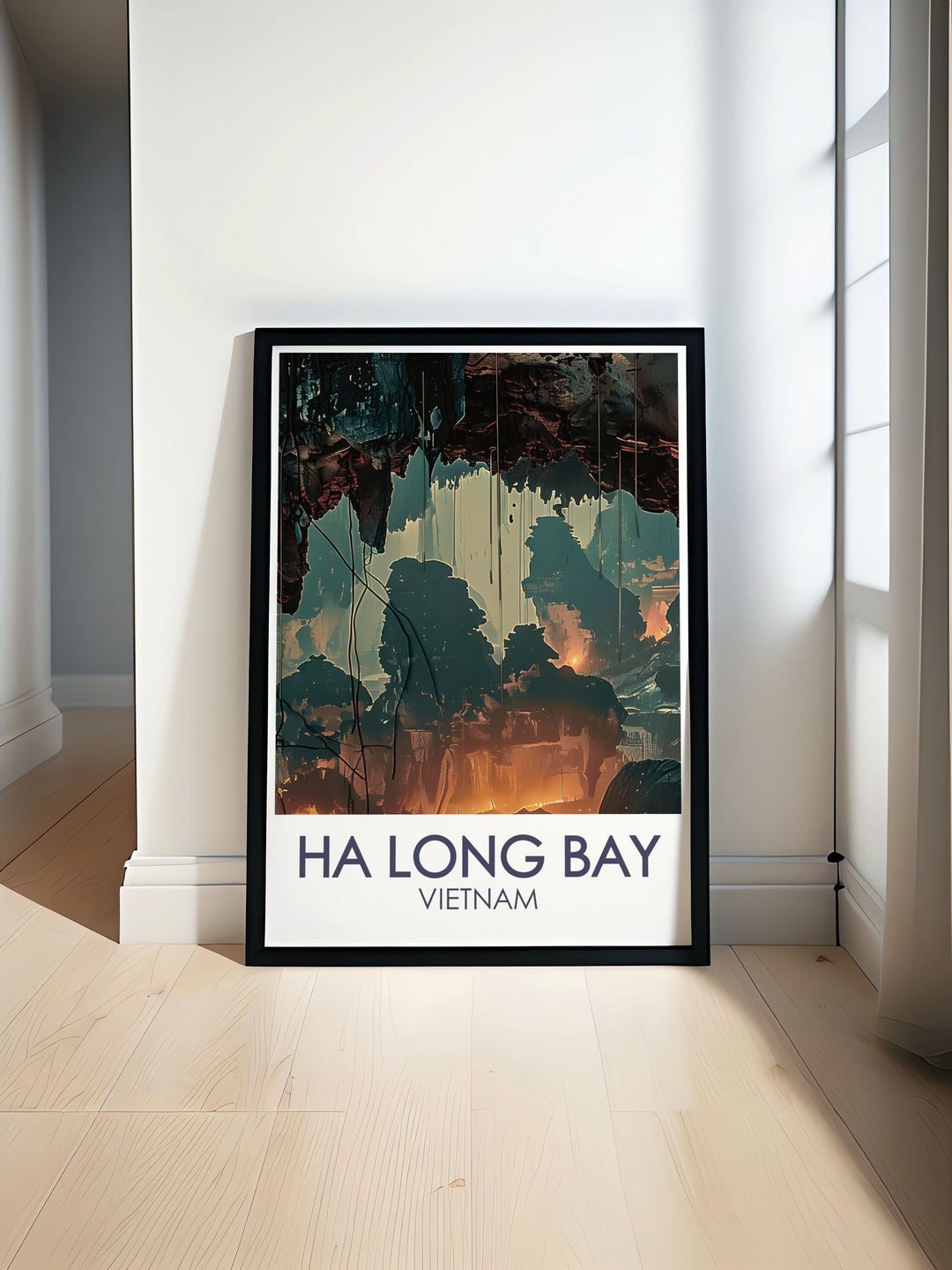 Highlighting the natural beauty and cultural heritage of Ha Long Bay, this travel poster offers a captivating view of Vietnams Surprising Cave, ideal for those who appreciate scenic art.