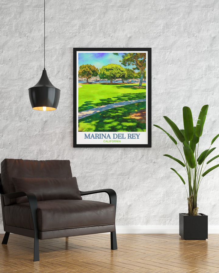 Modern Marina del Rey city map art print for a stylish and vibrant wall decor option. Featuring Burton W. Chace Park this fine line print brings a pop of color to any room making it an ideal gift for friends or loved ones looking to enhance their space.