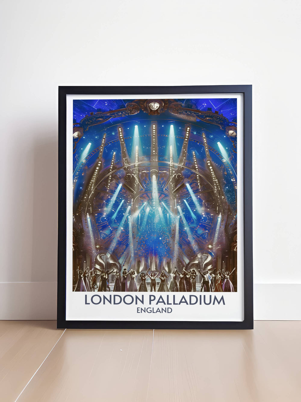 Stage Performances Framed Print highlighting the elegance of Londons famous Palladium. This vintage style artwork captures the architectural beauty and historic charm of the theatres stage performances. Ideal for enhancing your living space or office.