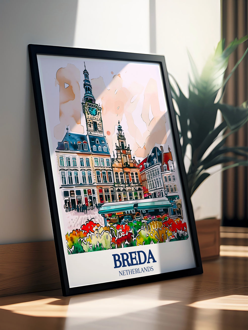Add a touch of Dutch culture to your home with this Breda Grote Market Square and City Hall artwork. The detailed depiction of this Netherlands landmark is ideal for art lovers and travelers looking to elevate their decor with an elegant art print.