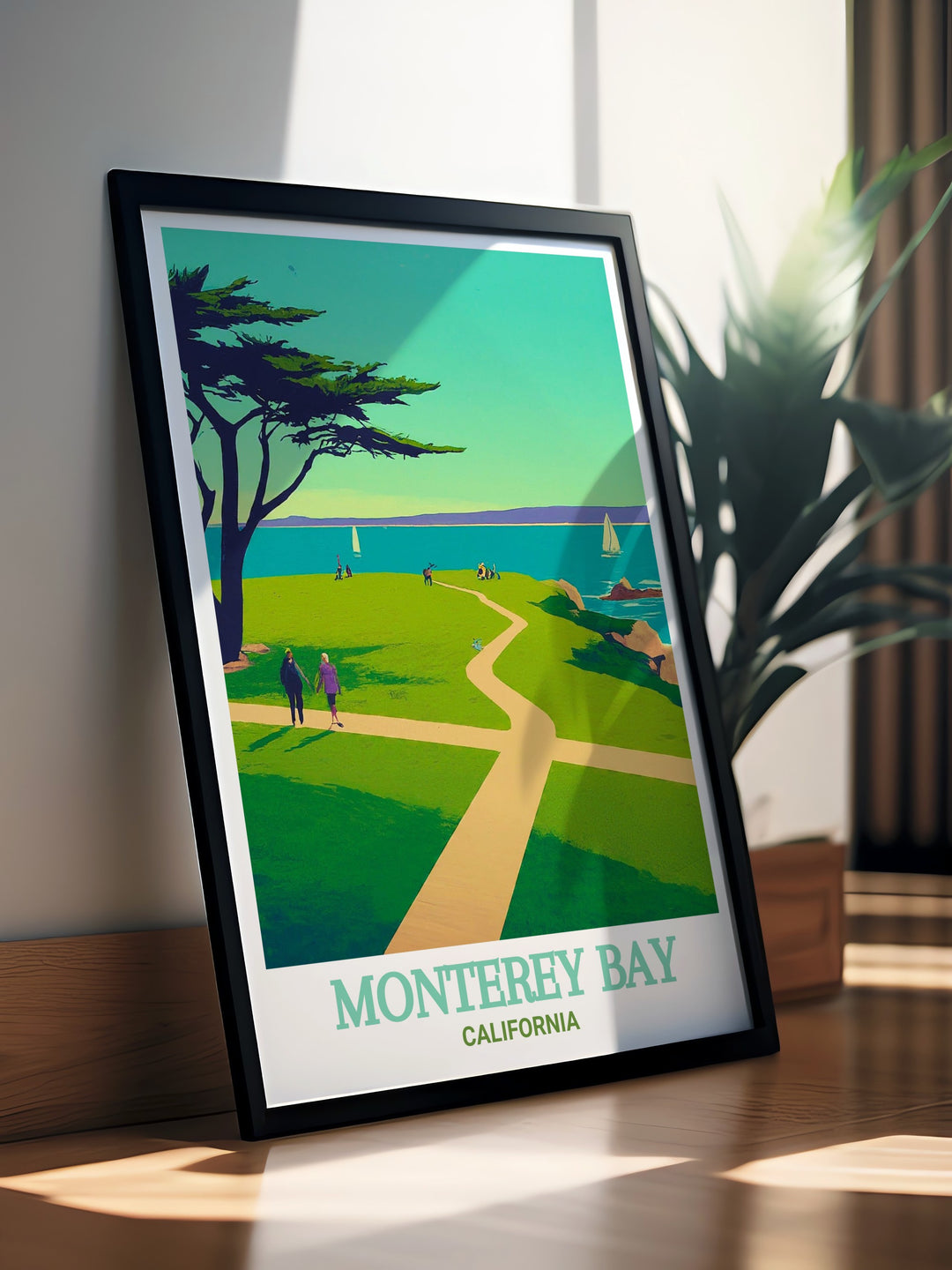 Beautiful Monterey Bay wall art showcasing the iconic Lovers Point Park in California. Perfect for nature lovers and art enthusiasts. This detailed artwork brings the tranquility and splendor of Lovers Point Park to life.