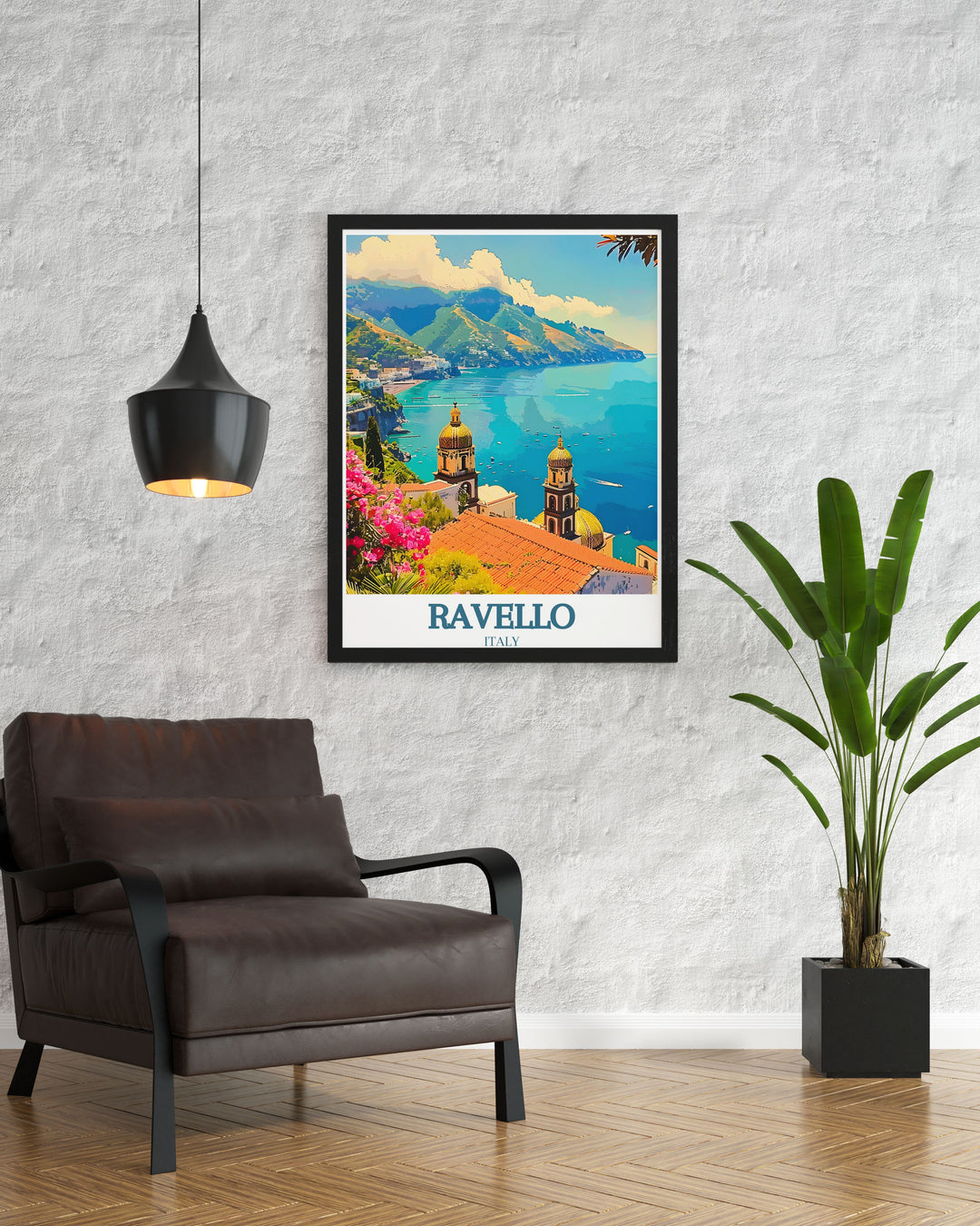 Elegant home decor featuring Villa Rufolo Amalfi coast with stunning Mediterranean views. This minimalist art print is a beautiful addition to your Italy home decor, offering a sophisticated and serene aesthetic for your living space