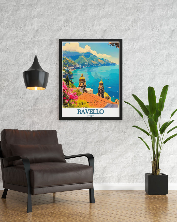 Elegant home decor featuring Villa Rufolo Amalfi coast with stunning Mediterranean views. This minimalist art print is a beautiful addition to your Italy home decor, offering a sophisticated and serene aesthetic for your living space