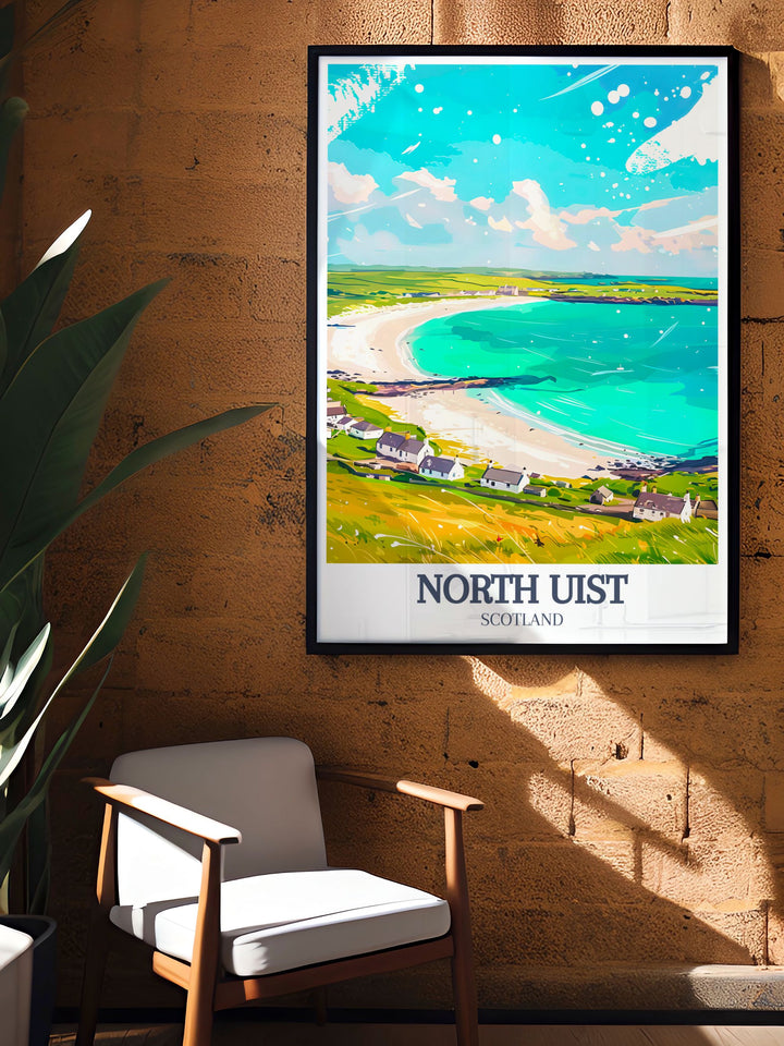 This North Uist print captures the rugged beauty of Eaval Mountain and the peaceful charm of Sollas Beach. Perfect as wall art, this framed print brings the natural wonder of Scotland into your home, making it a great gift for anyone who loves the outdoors.