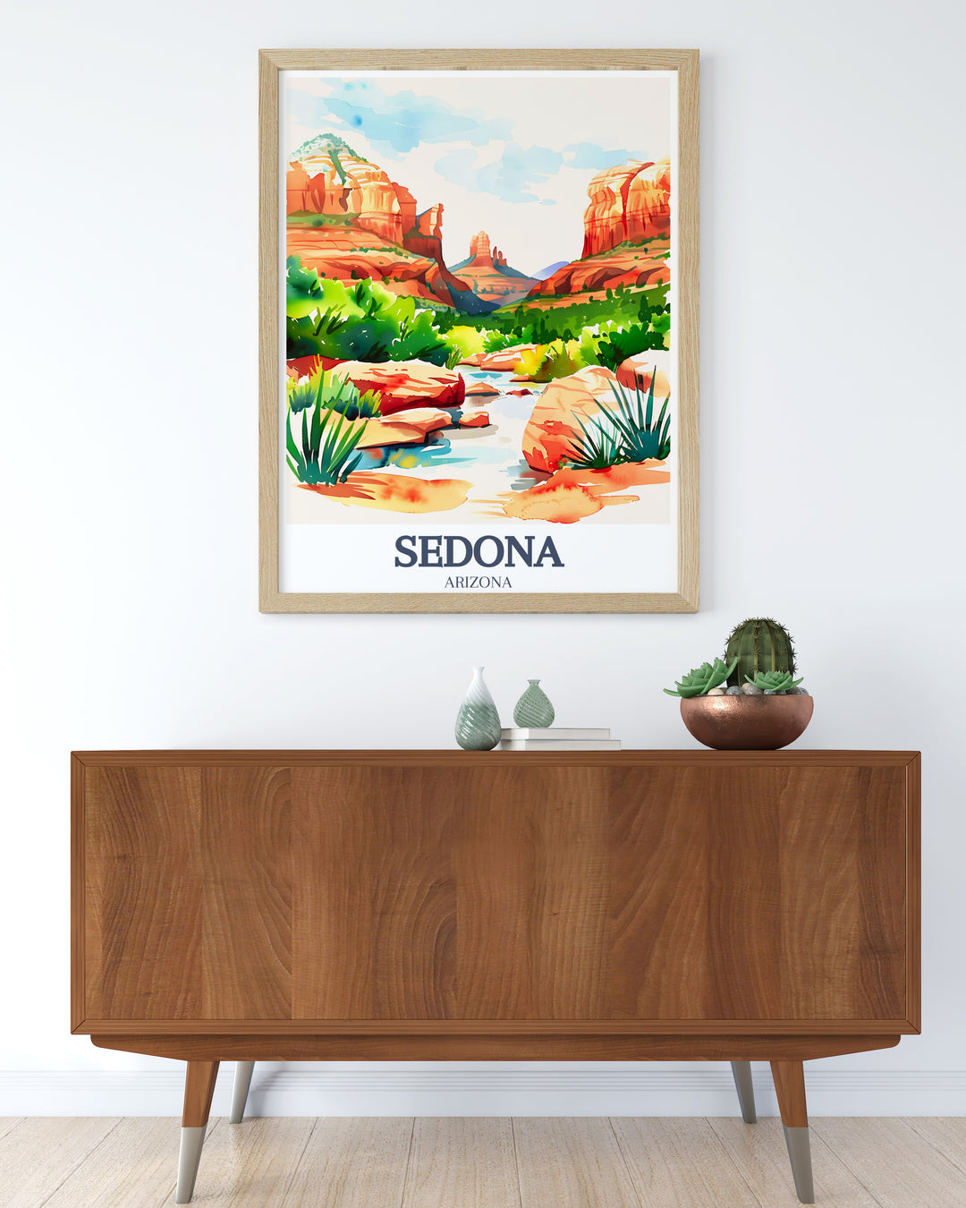 Sedona Art Print displaying Bell Rock and Oak Creek Canyon vibrant red rock formations and peaceful canyon views perfect for creating stunning living room decor.