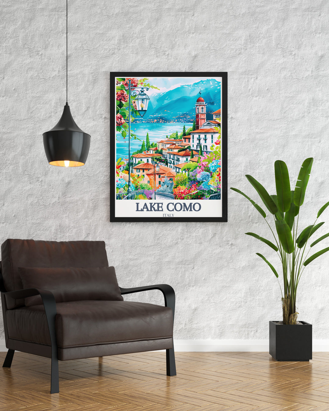 Stunning Lake Como Wall Art highlighting the serene Bellagio village with the majestic Lombard Pre Alps making it a beautiful addition to any modern home perfect for creating a relaxing and elegant living space