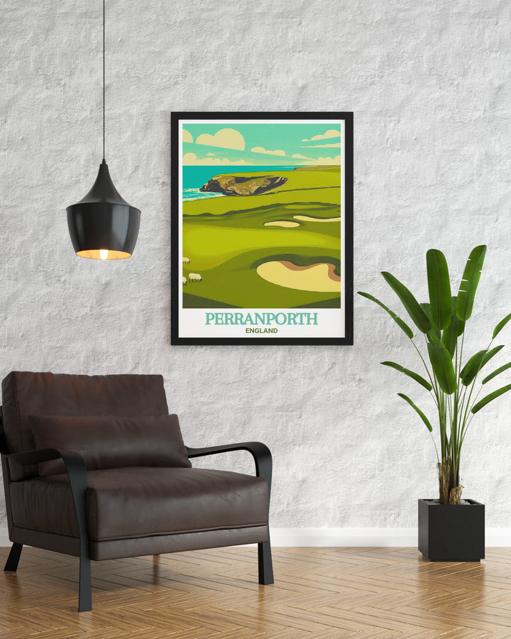 England travel poster featuring the picturesque Perranporth Golf Club. Ideal for adding a touch of Englands coastal charm to your decor. This print captures the essence of the scenic golf course.