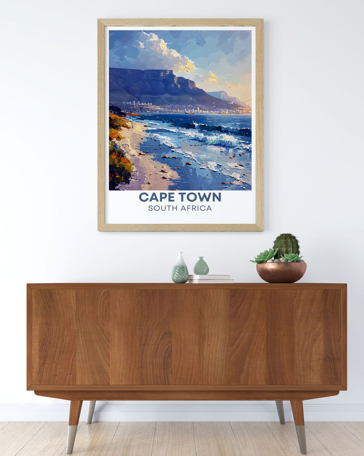 Highlighting the iconic presence of Table Mountain and the dynamic environment of Cape Town, this travel poster is perfect for those who appreciate the natural and cultural richness of South Africa.