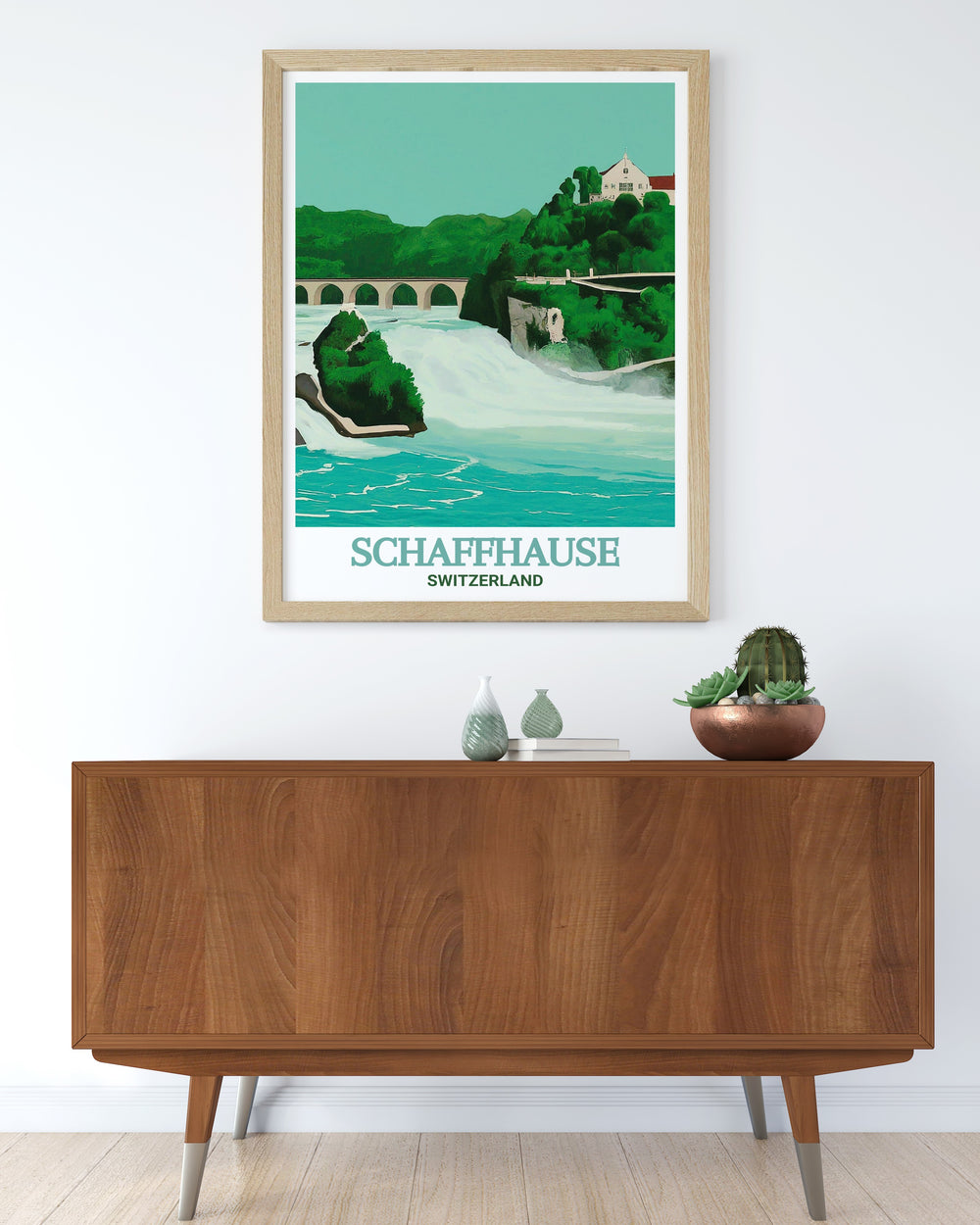 Schaffhausen travel art with Rhine Falls. This poster captures the scenic beauty and powerful cascades of the falls. Perfect for travel enthusiasts and nature lovers. Adds a unique and sophisticated touch to home or office decor.