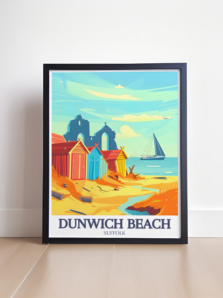 Dunwich Church Ruins travel print showcases the weathered remains of this once thriving medieval village in Suffolk, England. Set against the tranquil backdrop of Dunwich Beach, this Suffolk canvas art is perfect for lovers of both history and coastal landscapes.