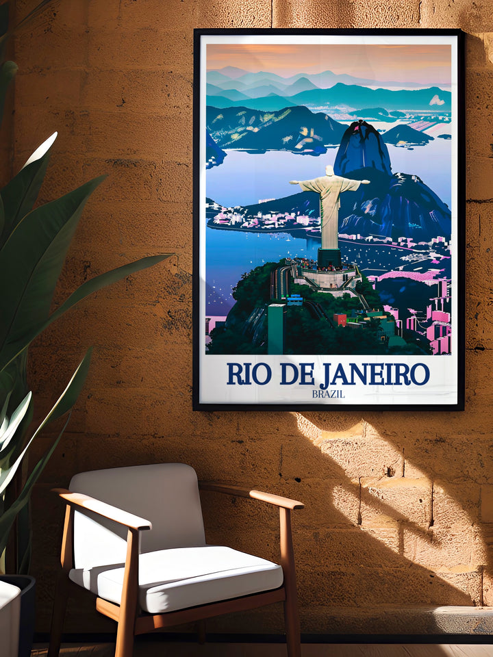 Christ the Redeemer travel print from Rio De Janeiro, highlighting the statues peaceful and powerful presence against the citys vibrant backdrop. This print adds a touch of elegance and spirituality to any space.