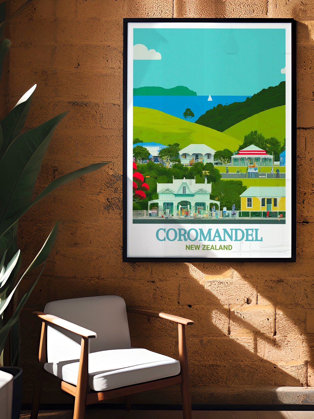 Custom art print of Coromandel Town, highlighting the rich textures and vibrant colors of the towns historic buildings and lush surroundings, making it a perfect piece for history enthusiasts and nature lovers.