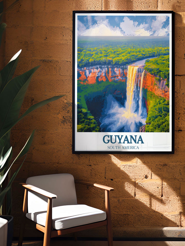 Featuring the majestic Kaieteur Falls and lush Amazon basin, this travel poster captures the essence of Guyanas natural wonders, perfect for creating a serene atmosphere in any room.