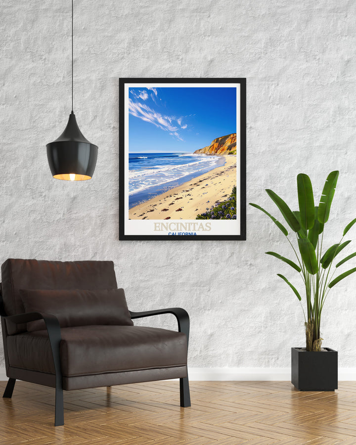 Swamis Beach travel print showcases one of Californias most iconic surf spots, with waves crashing along the shoreline and surfers ready to ride. This colorful canvas art brings the energy and tranquility of Swamis Beach into your space, perfect for surf lovers.