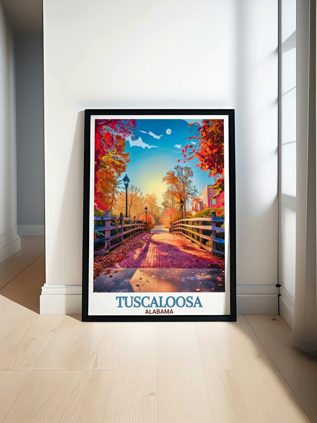 Alabama poster featuring the vibrant Tuscaloosa skyline and the iconic Tuscaloosa Riverwalk perfect for Tuscaloosa decor and gifts bringing the citys charm and energy into any home or office with stunning Tuscaloosa wall art and modern prints