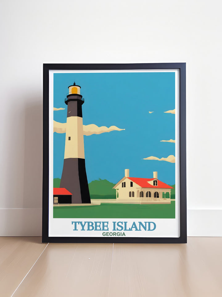 Black and white City Art Print of Tybee Island Light Station and Museum perfect for modern homes adding elegance and historical significance to any room in your house.