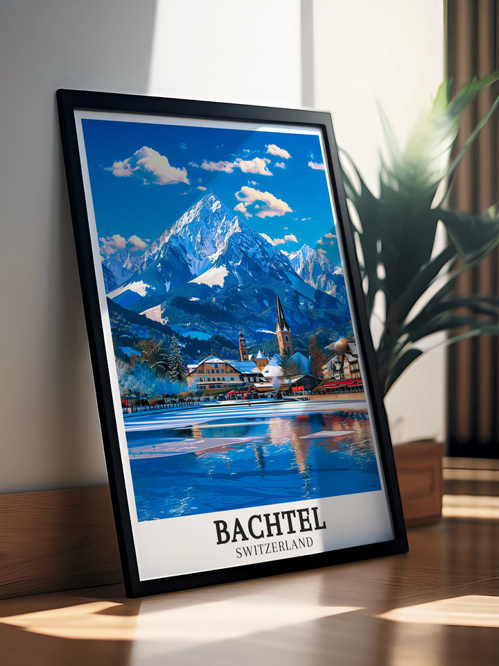 Stunning travel poster of Bachtel in Zurich Oberland, capturing the serene landscapes and charming townscapes of this beautiful Swiss location. Perfect for adding a touch of Swiss elegance to your home decor. Vibrant colors and intricate details make this a must have.