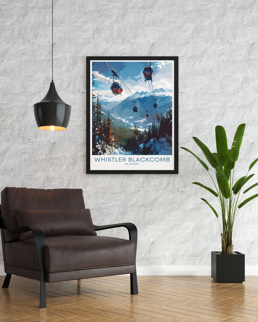 Unique snowboarding poster showcasing the Peak 2 Peak Gondola at Whistler Blackcomb. Perfect for adding a vibrant and adventurous touch to your home decor while celebrating the thrill of winter sports in Whistler Canada.