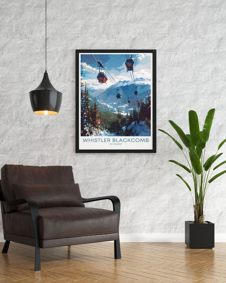 Stunning Whistler Blackcomb ski resort artwork with the Peak 2 Peak Gondola, capturing the adventure and beauty of Whistler Canada, ideal for creating a winter sports inspired space with vibrant colors and intricate details