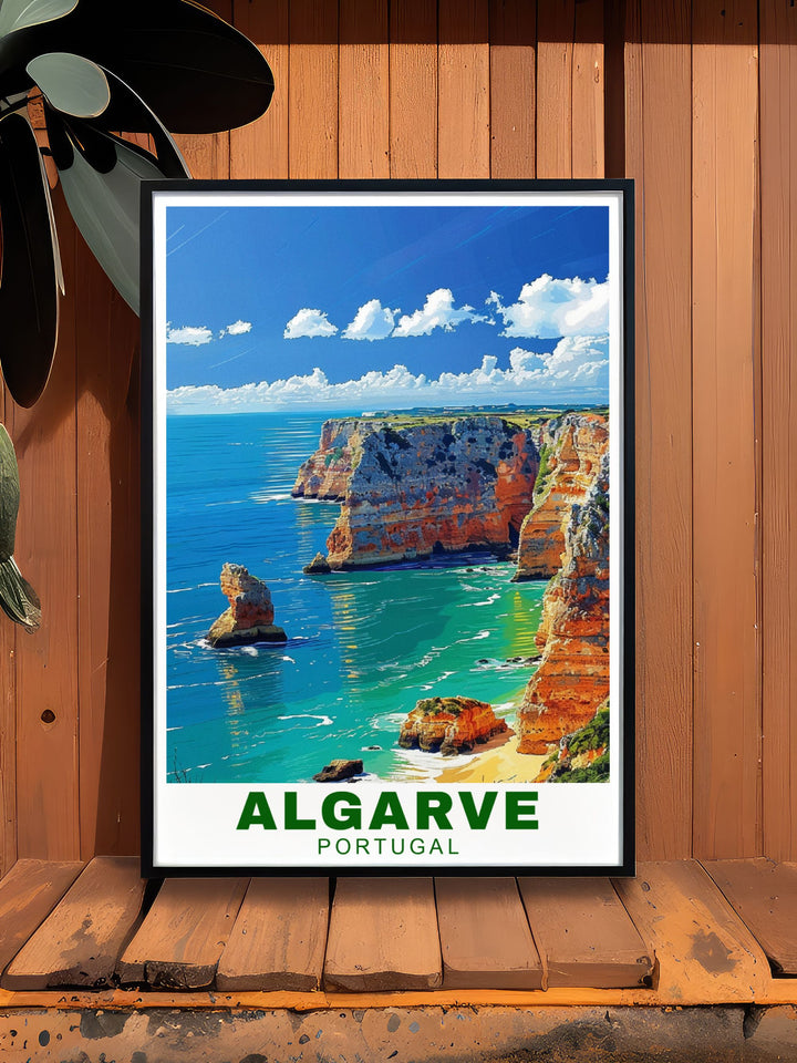 This travel poster captures the picturesque Algarve cliffs in Portugal, showcasing their dramatic formations and turquoise waters, perfect for adding a touch of coastal beauty to your decor.