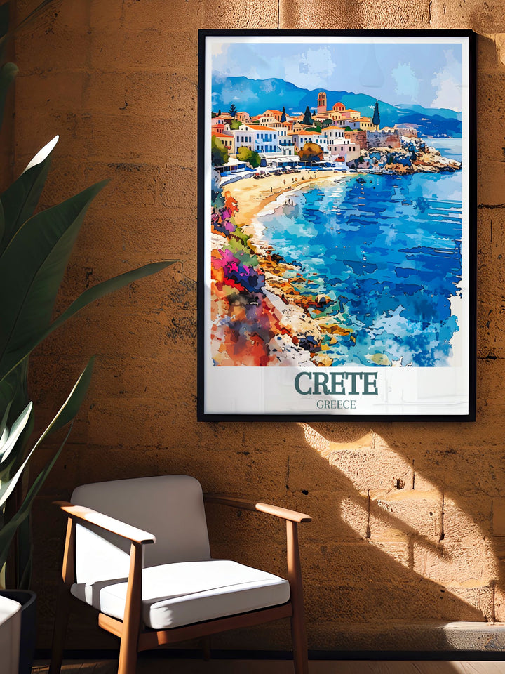 Experience the enchanting scenery of Balos Beach with this detailed art print. Showcasing the serene lagoon and pink tinted sands, this travel poster is perfect for adding a touch of Cretes coastal charm to your home decor. An ideal gift for those who love Greeces natural landscapes.