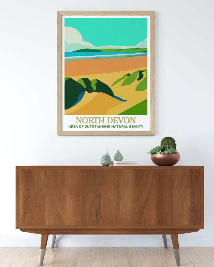 North Devon Travel Print showcases the wild and rugged beauty of North Devon, from the windswept beaches to the dramatic cliffs. This print is ideal for travelers and nature enthusiasts who want to keep a piece of this stunning landscape close to them.