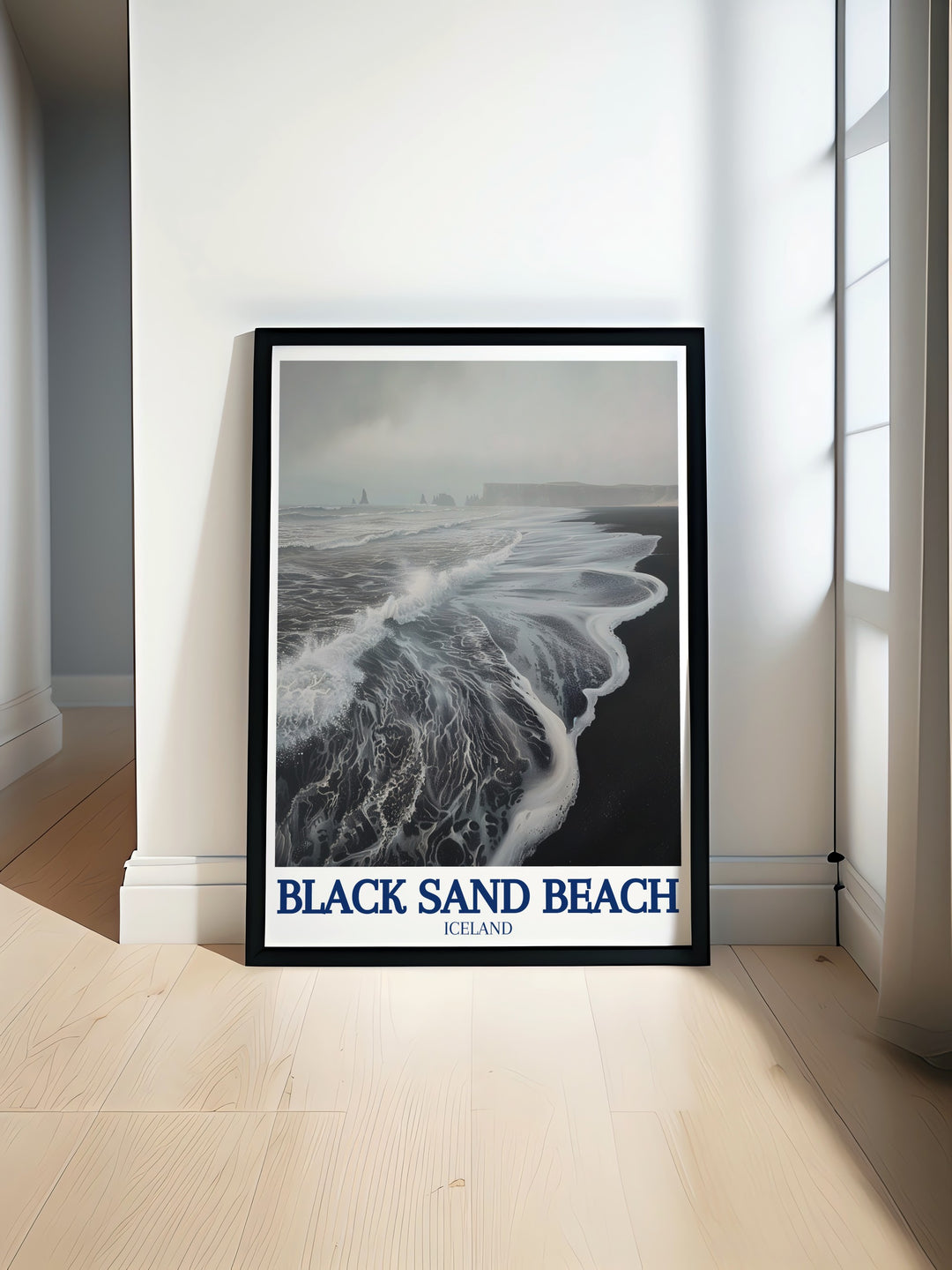 Atlantic Ocean Wall Art capturing the majestic and wild beauty of Icelands coastline, focusing on the Black Sand Beach and the Reynisdrangar sea stacks. This wall art is perfect for those who appreciate natures raw power and Icelands unique landscapes