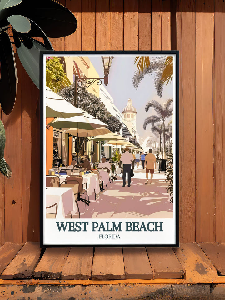 Elevate your home decor with this West Palm Beach poster print showcasing Downtown Worth Avenue its vibrant colors and stylish design make it a must have for lovers of Florida and those seeking to capture the warmth and beauty of Palm Beach