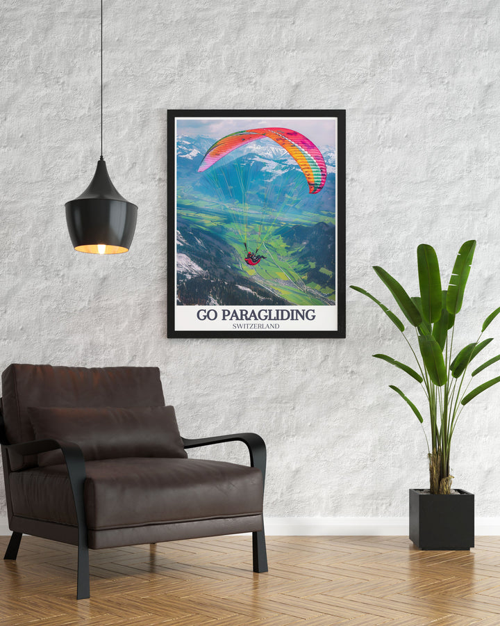 Vintage poster celebrating the timeless appeal of paragliding in the Swiss Alps, with detailed illustrations of Jungfrau and the surrounding mountainous terrain.