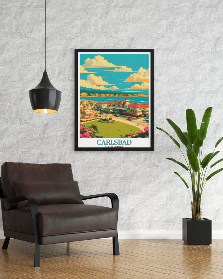 Capture the beauty of Carlsbad with this travel print that highlights the citys vibrant village atmosphere. A wonderful gift for any traveler, this art print brings the sunny vibes of California into your home, perfect for any wall decor.