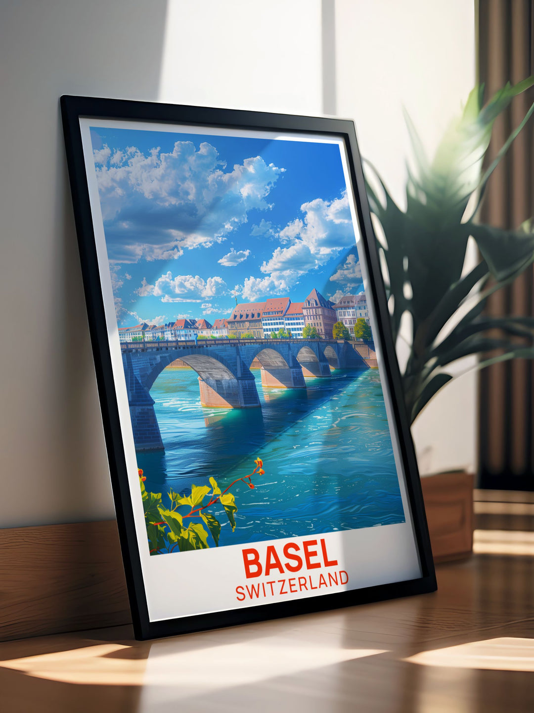 Elegant Mittlere Brucke wall art featuring a detailed illustration of the iconic Basel Switzerland bridge adds sophistication and cultural flair to your home decor perfect for enhancing living rooms bedrooms or offices makes a great gift for travel and art enthusiasts