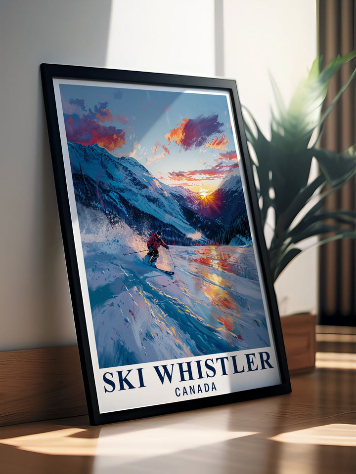 Whistler and its stunning landscape are vividly depicted in this travel poster, celebrating the iconic ski resort and the breathtaking mountain scenery of Canada, perfect for winter sports lovers.