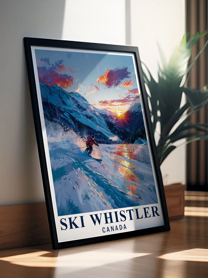 Celebrate the beauty of Whistlers snowy peaks with this travel art print. The striking landscape and crisp winter air come alive in this artwork, perfect for ski lovers and those who cherish Canadas breathtaking scenery.