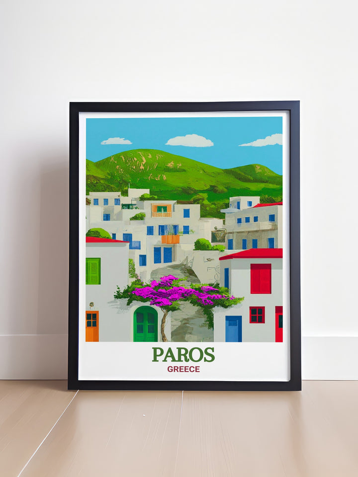 Celebrate the serene landscapes of Lefkes Village on Paros with this travel print, showcasing the traditional whitewashed houses and vibrant colors that define the island. This piece adds a touch of Mediterranean elegance to your living space.