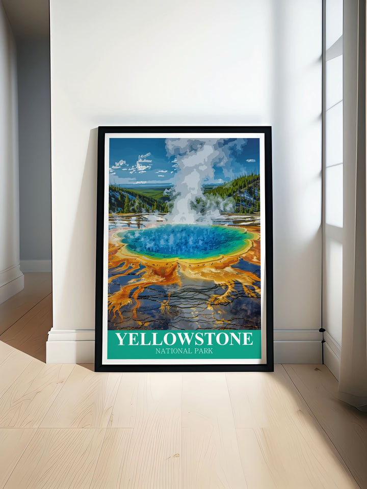 This framed art piece illustrates the stunning views of Yellowstones Grand Prismatic Spring, inviting viewers to appreciate the wonders of nature. A unique addition to any art collection, this print embodies the spirit of exploration.