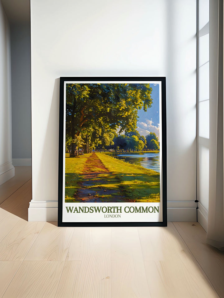 Beautifully illustrated Wandsworth Common poster featuring key landmarks like the Wandsworth Windmill and Wandsworth Pond. This vintage London print is perfect for those who love South London and want a piece of its charm in their home decor.
