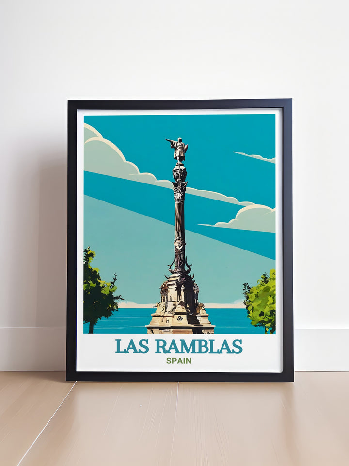 Bring the spirit of Barcelona into your home with this travel print of Las Ramblas, highlighting the vibrant life and architecture of one of Spains most famous streets. Perfect for adding a touch of European elegance to any room.